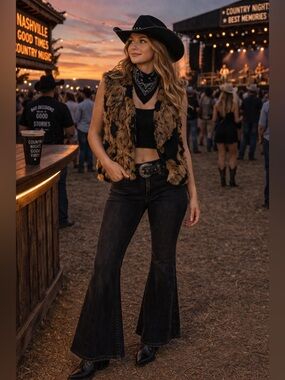 Vintage Rabbit Fur Vest Western Cowgirl Festival Nashville Rodeo Black Outfit